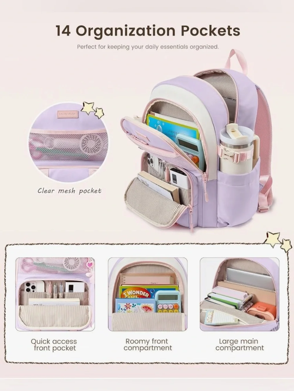 Girls Backpack Fits 17” Laptop & 40 oz Tumbler - cream, pink & purple